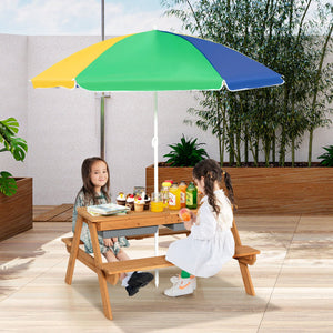 3-in-1 Kids Outdoor Picnic Water Sand Table with Umbrella Play Boxes-Yellow view 2
