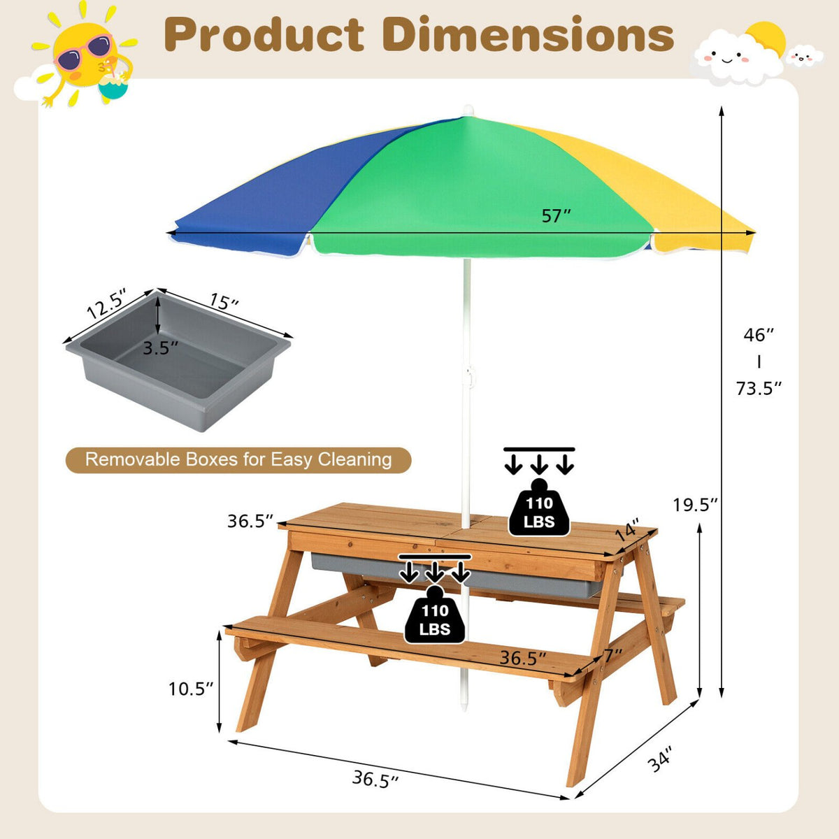 3-in-1 Kids Outdoor Picnic Water Sand Table with Umbrella Play Boxes-Yellow view 4