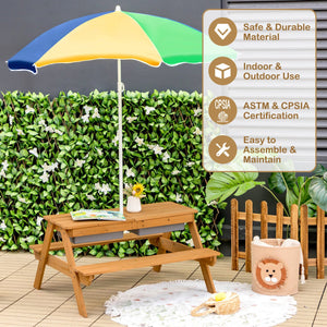 3-in-1 Kids Outdoor Picnic Water Sand Table with Umbrella Play Boxes-Yellow view 5
