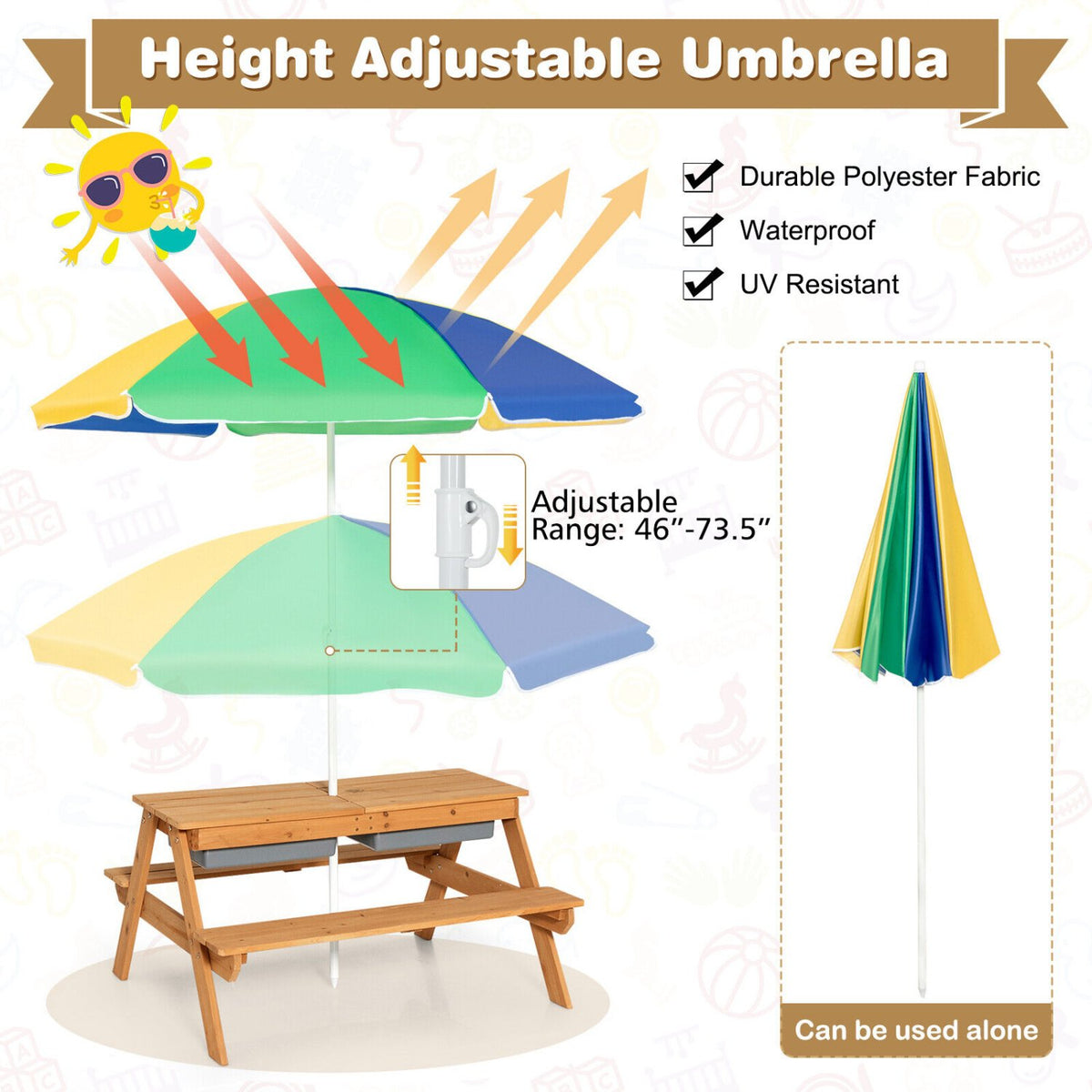 3-in-1 Kids Outdoor Picnic Water Sand Table with Umbrella Play Boxes-Yellow view 6