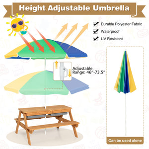 3-in-1 Kids Outdoor Picnic Water Sand Table with Umbrella Play Boxes-Yellow view 6