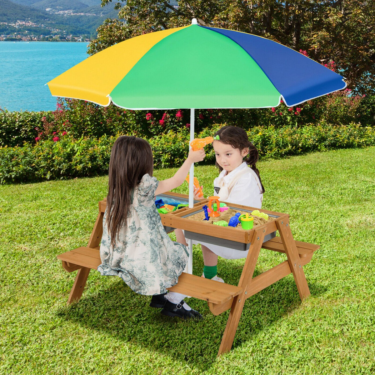 3-in-1 Kids Outdoor Picnic Water Sand Table with Umbrella Play Boxes-Yellow view 7