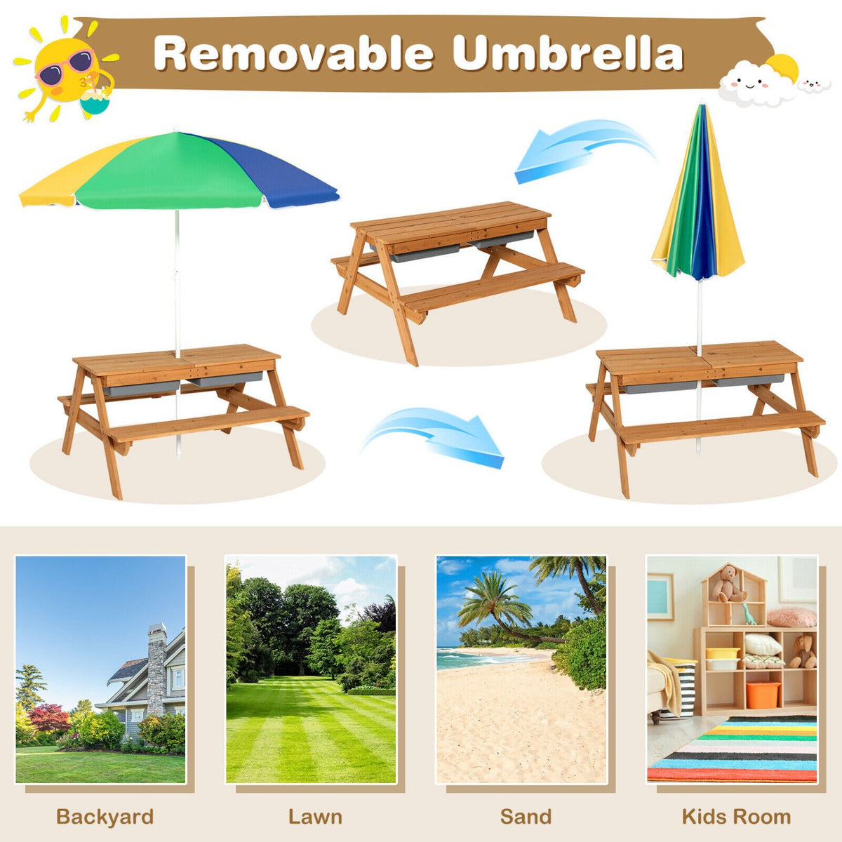 3-in-1 Kids Outdoor Picnic Water Sand Table with Umbrella Play Boxes-Yellow view 8