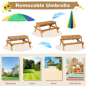 3-in-1 Kids Outdoor Picnic Water Sand Table with Umbrella Play Boxes-Yellow view 8