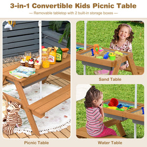 3-in-1 Kids Outdoor Picnic Water Sand Table with Umbrella Play Boxes-Yellow view 9