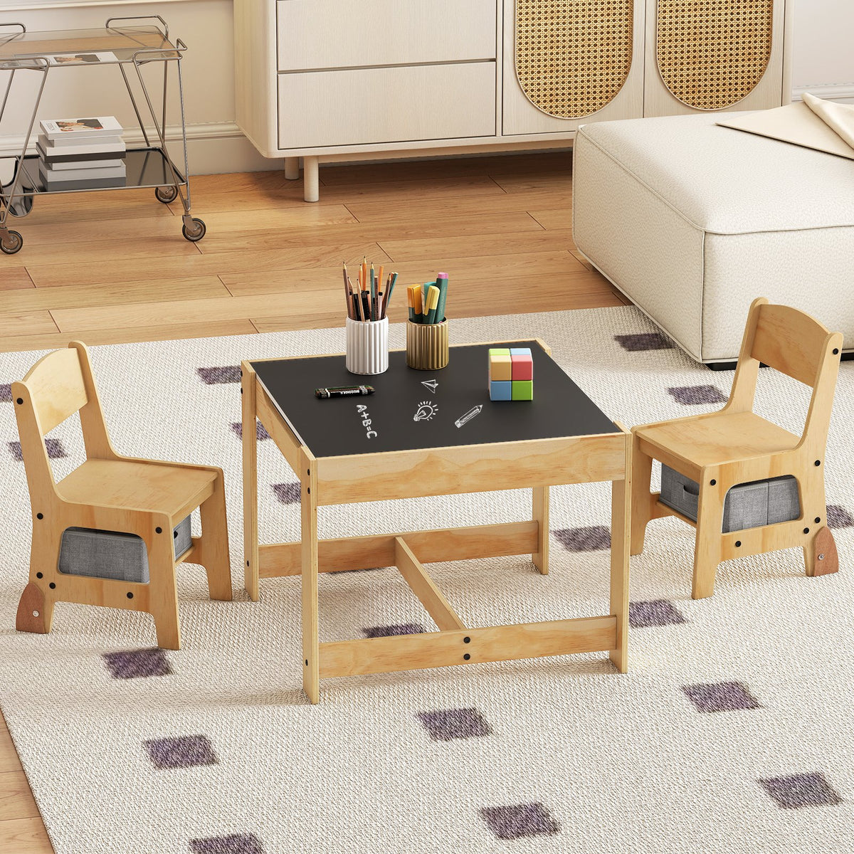 3 in 1 Kids Table and Chair Set with Removable Tabletop and 2 Storage Drawers-Gray view 2
