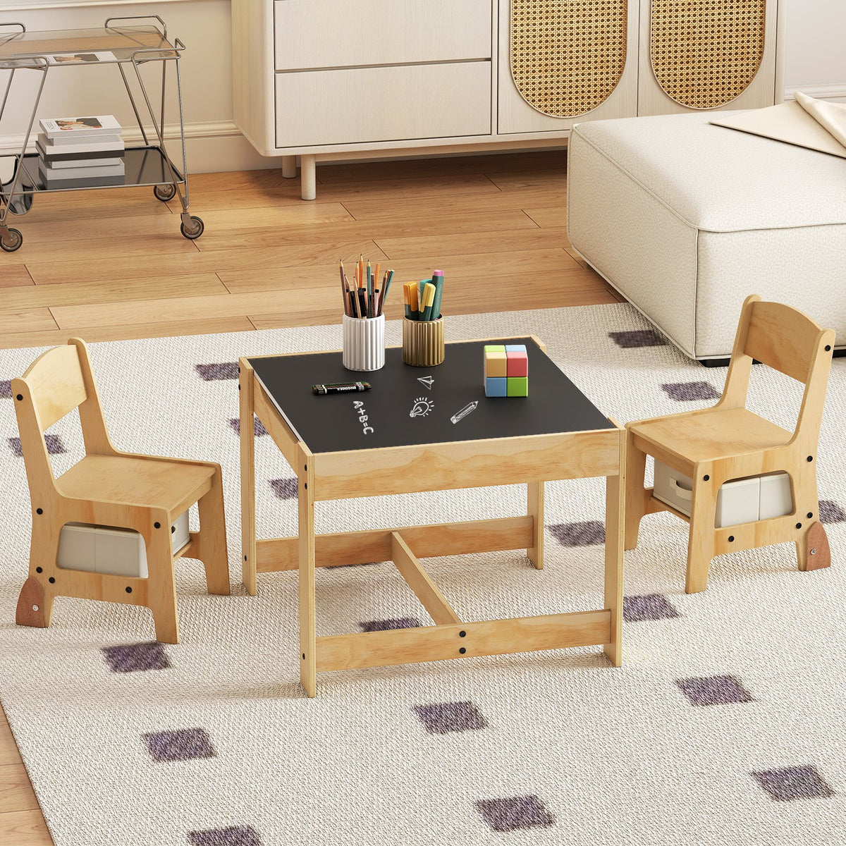 3 in 1 Kids Table and Chair Set with Removable Tabletop and 2 Storage Drawers-Natural view 2