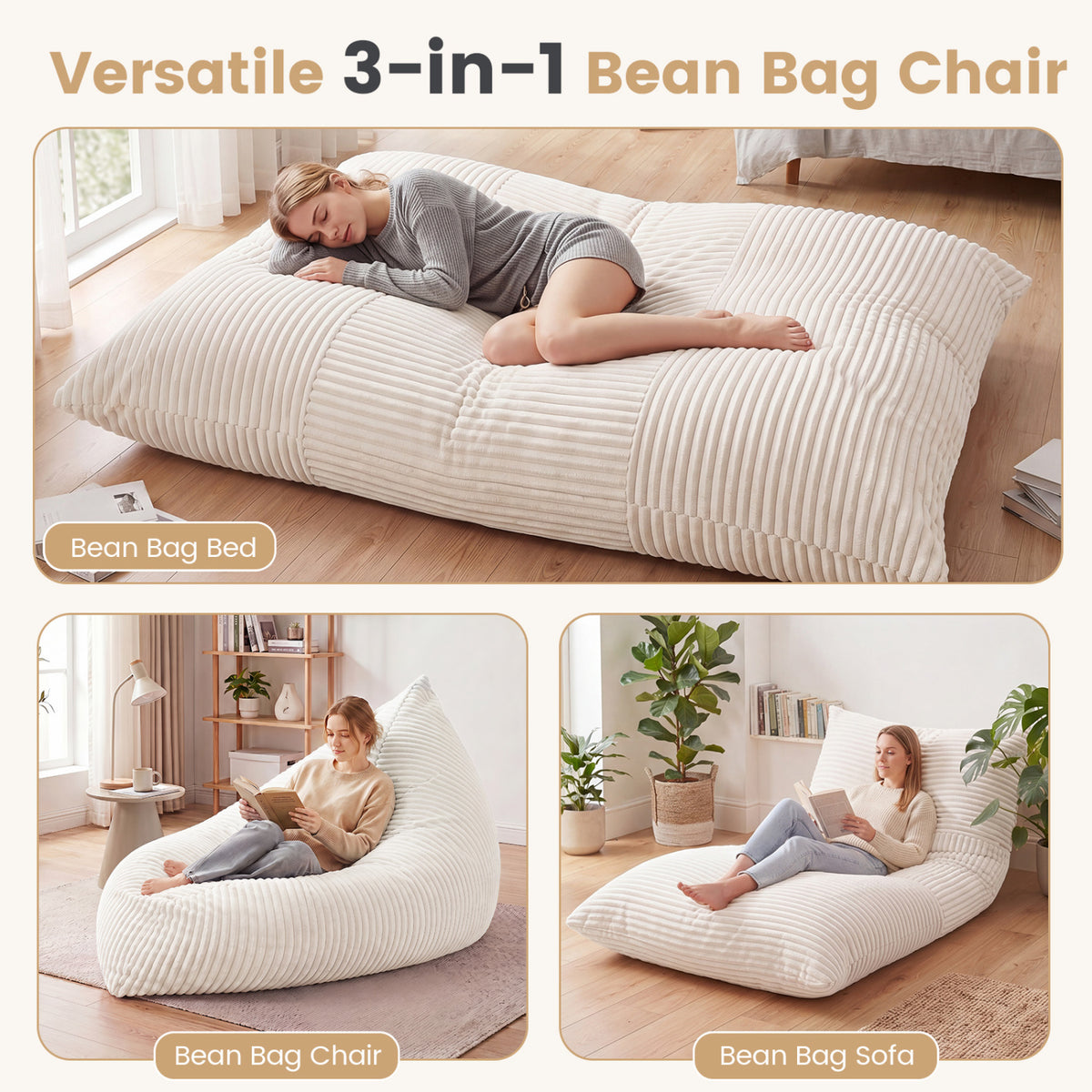 3-in-1 Large Bean Bag Chair with Comfy Corduroy Fabric-Beige view 5