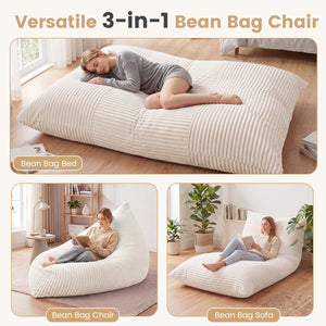 3-in-1 Large Bean Bag Chair with Comfy Corduroy Fabric-Beige view 5