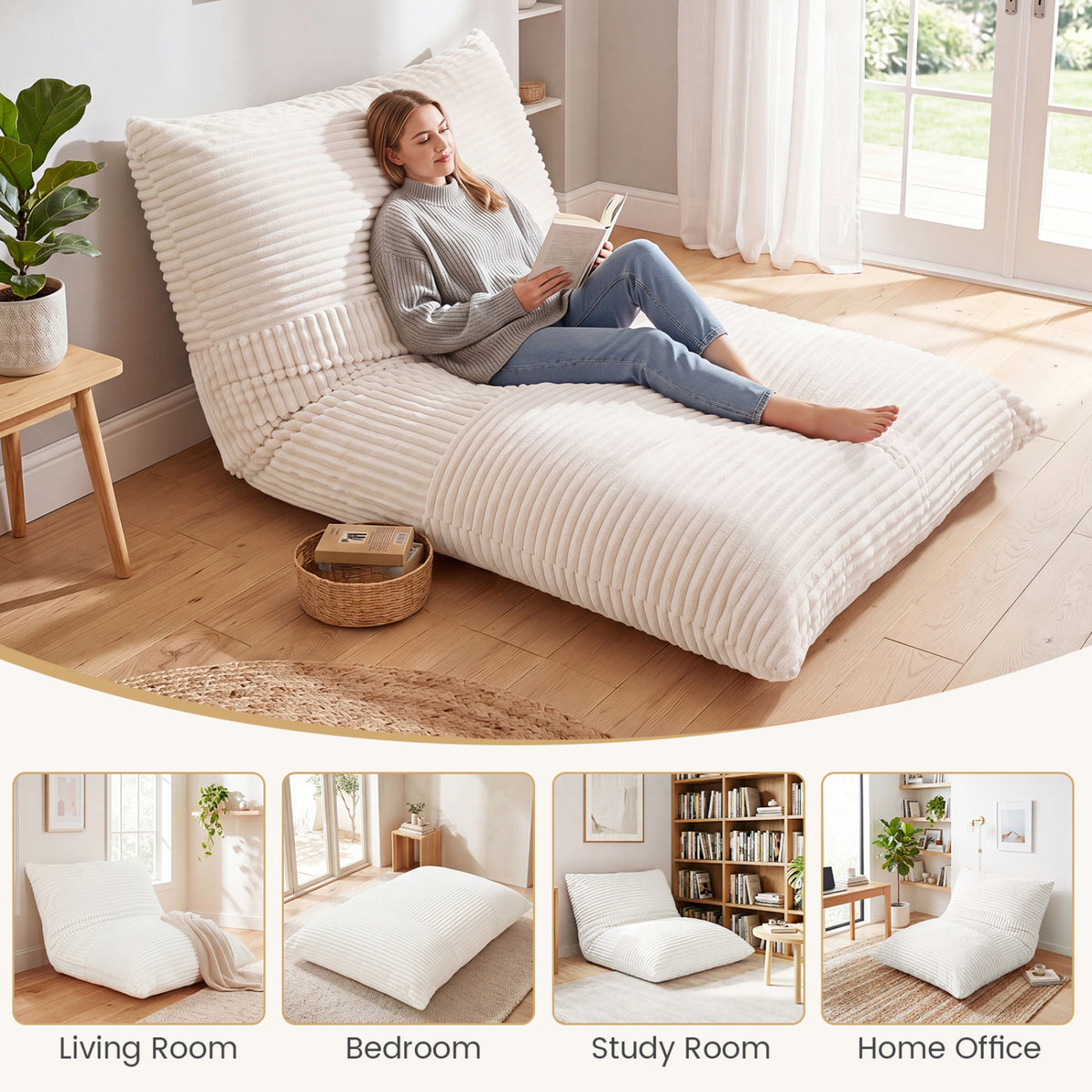 3-in-1 Large Bean Bag Chair with Comfy Corduroy Fabric-Beige view 9