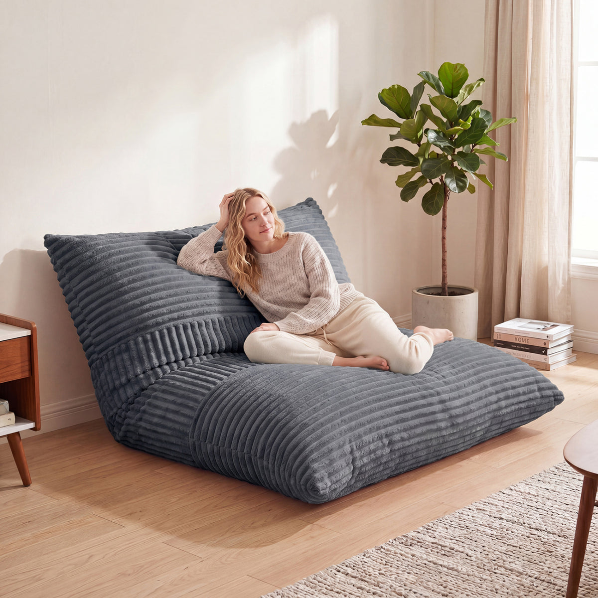 3-in-1 Large Bean Bag Chair with Comfy Corduroy Fabric-Gray view 2
