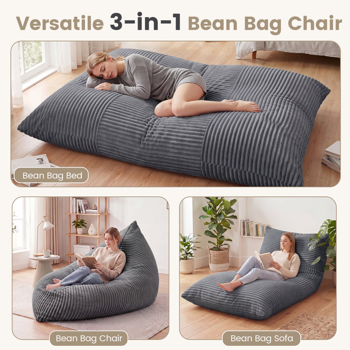3-in-1 Large Bean Bag Chair with Comfy Corduroy Fabric-Gray view 5