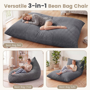 3-in-1 Large Bean Bag Chair with Comfy Corduroy Fabric-Gray view 5