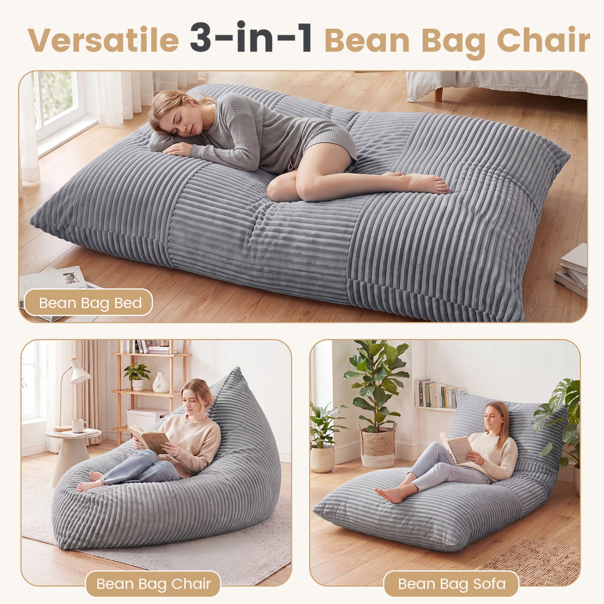 3-in-1 Large Bean Bag Chair with Comfy Corduroy Fabric-Light Gray view 5