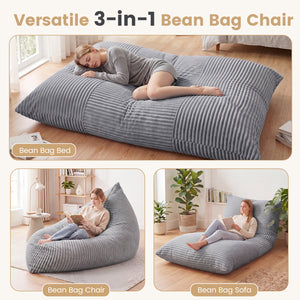 3-in-1 Large Bean Bag Chair with Comfy Corduroy Fabric-Light Gray view 5