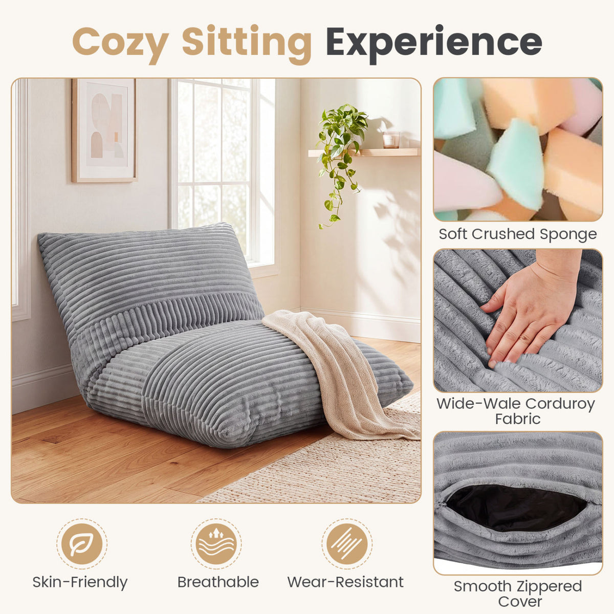 3-in-1 Large Bean Bag Chair with Comfy Corduroy Fabric-Light Gray view 6