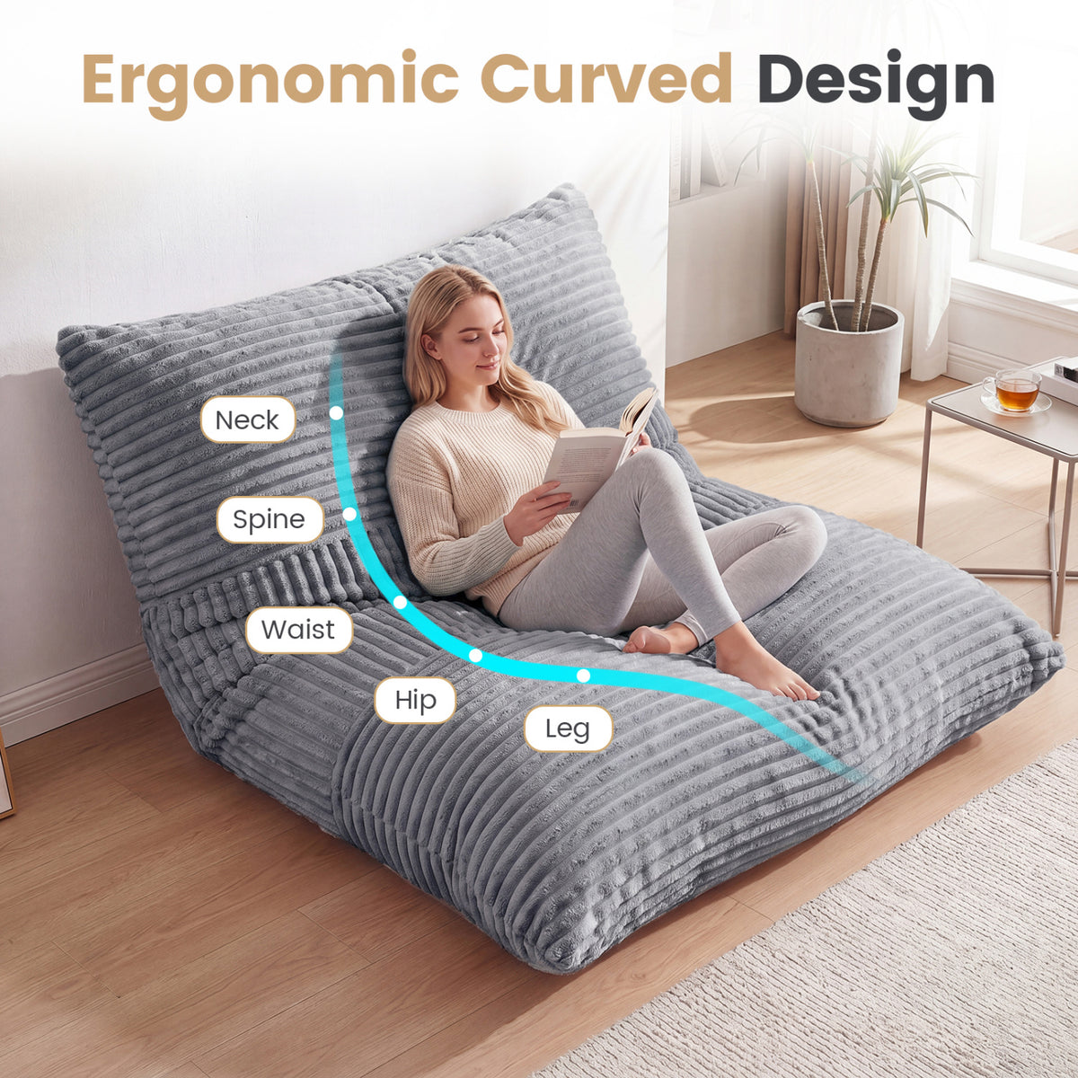 3-in-1 Large Bean Bag Chair with Comfy Corduroy Fabric-Light Gray view 7