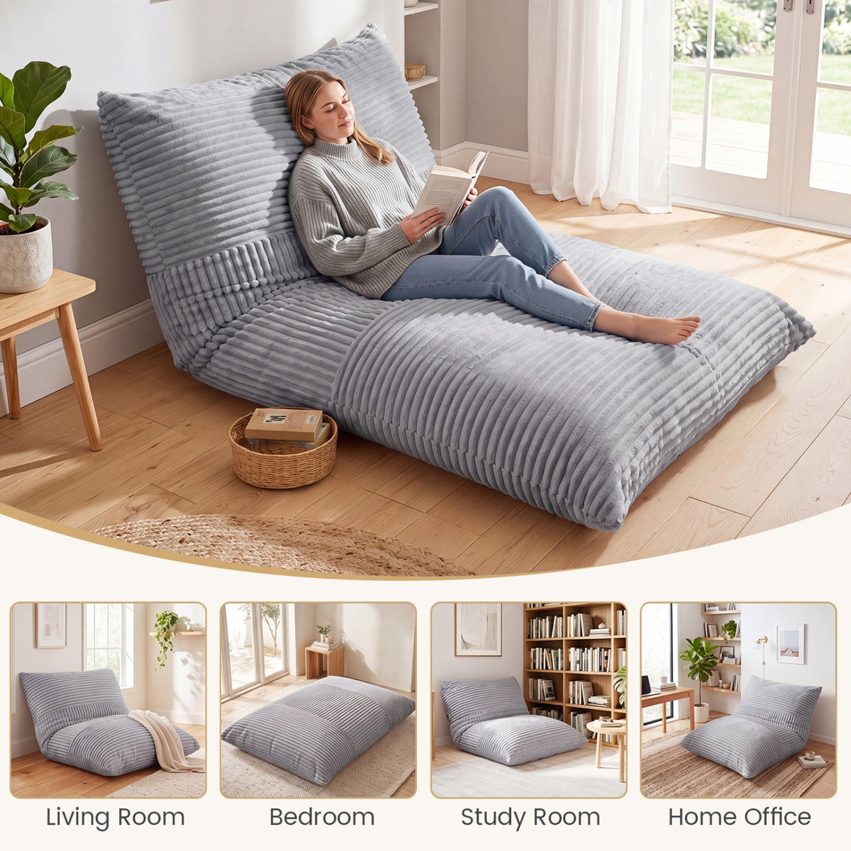 3-in-1 Large Bean Bag Chair with Comfy Corduroy Fabric-Light Gray view 9