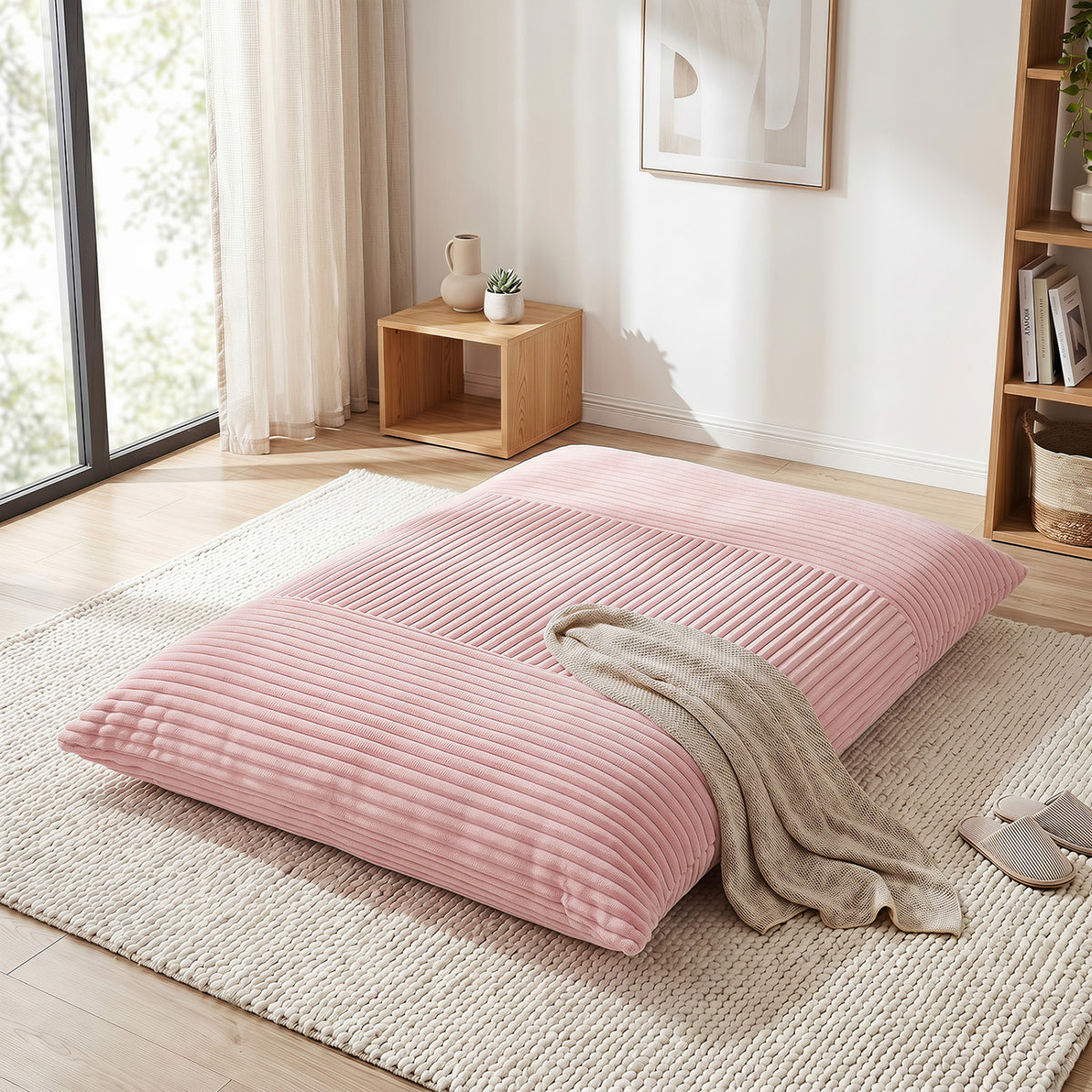 3-in-1 Large Bean Bag Chair with Comfy Corduroy Fabric-Pink view 2