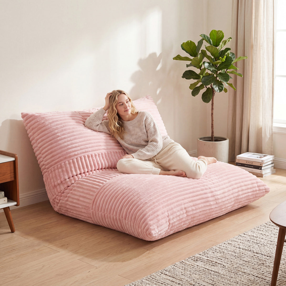 3-in-1 Large Bean Bag Chair with Comfy Corduroy Fabric-Pink view 3