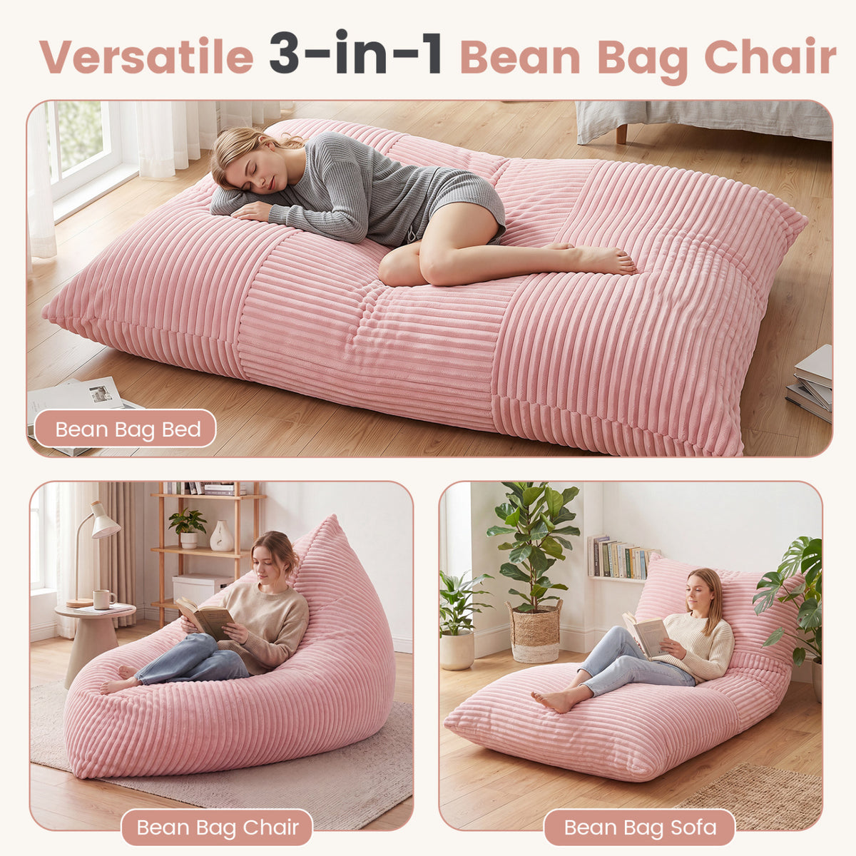 3-in-1 Large Bean Bag Chair with Comfy Corduroy Fabric-Pink view 5
