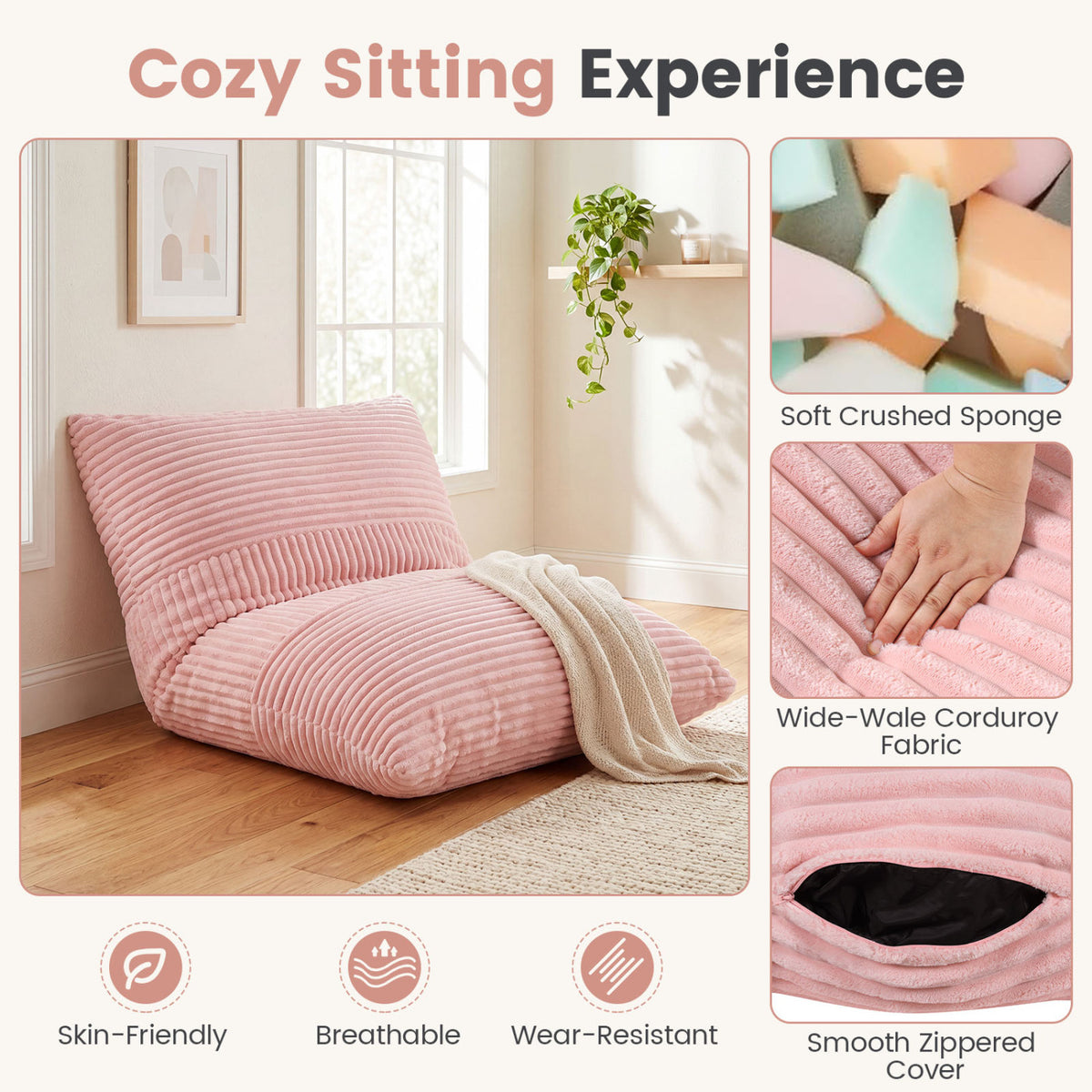 3-in-1 Large Bean Bag Chair with Comfy Corduroy Fabric-Pink view 6