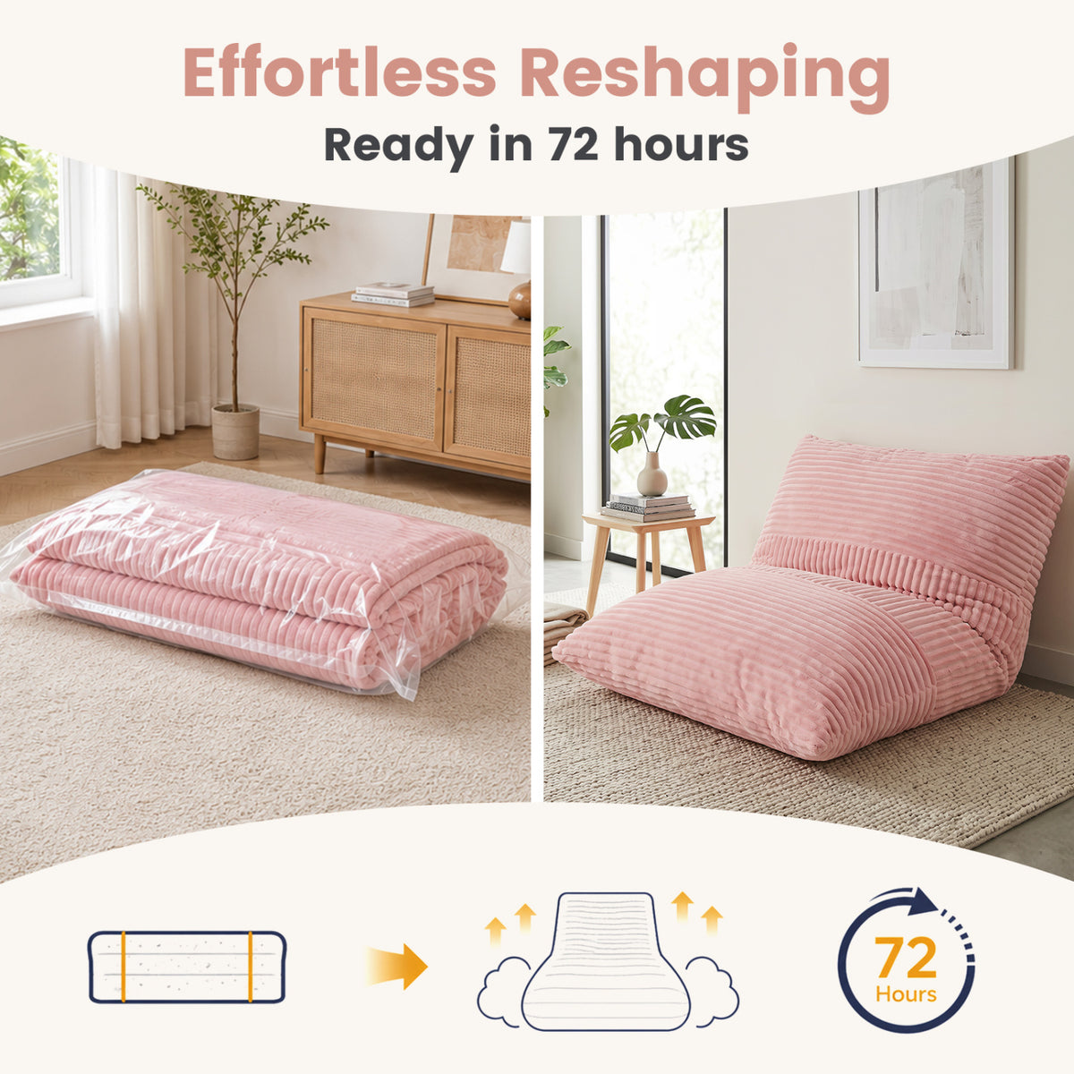 3-in-1 Large Bean Bag Chair with Comfy Corduroy Fabric-Pink view 8