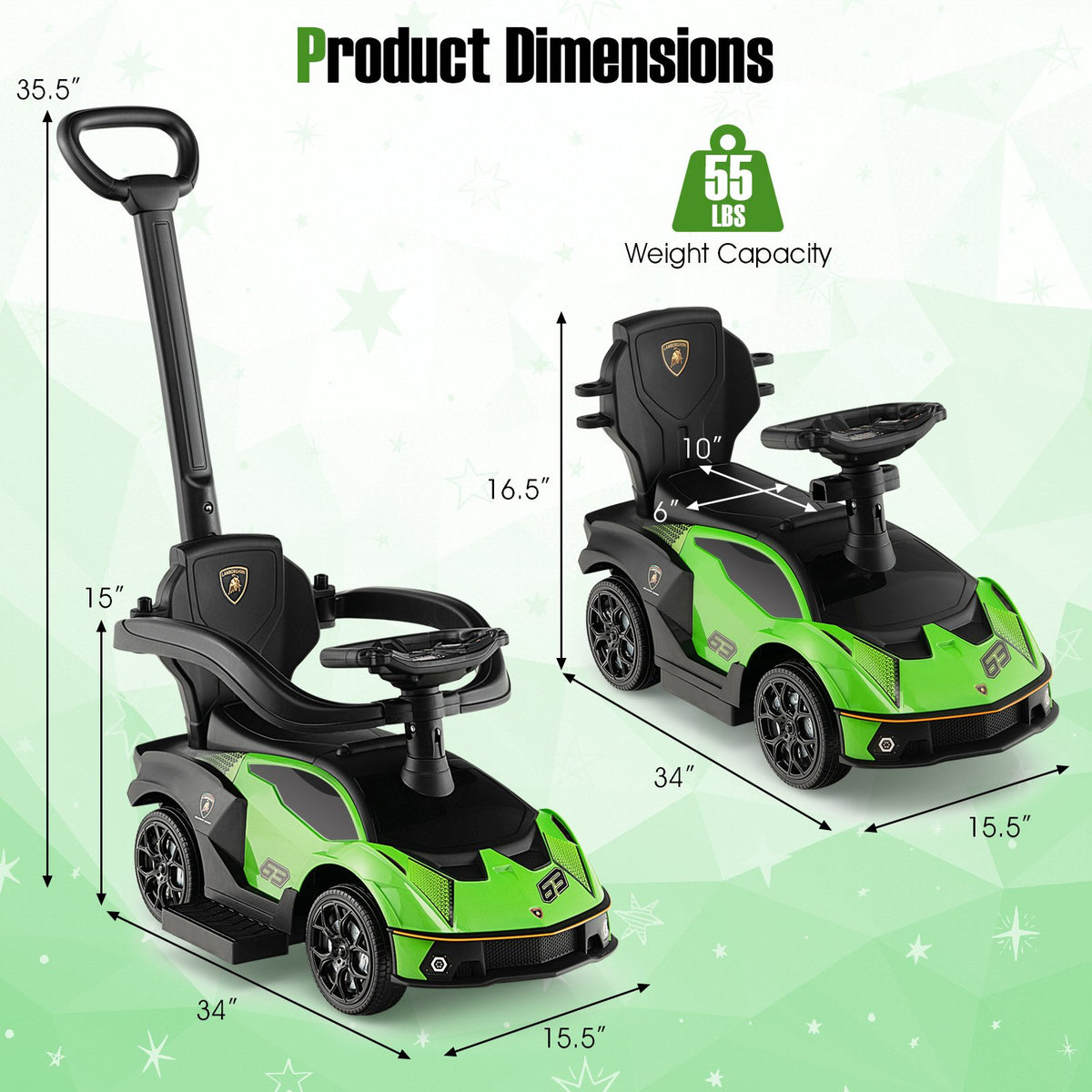 3-in-1 Licensed Lamborghini Ride on Push Car with Handle Guardrail-Green view 5