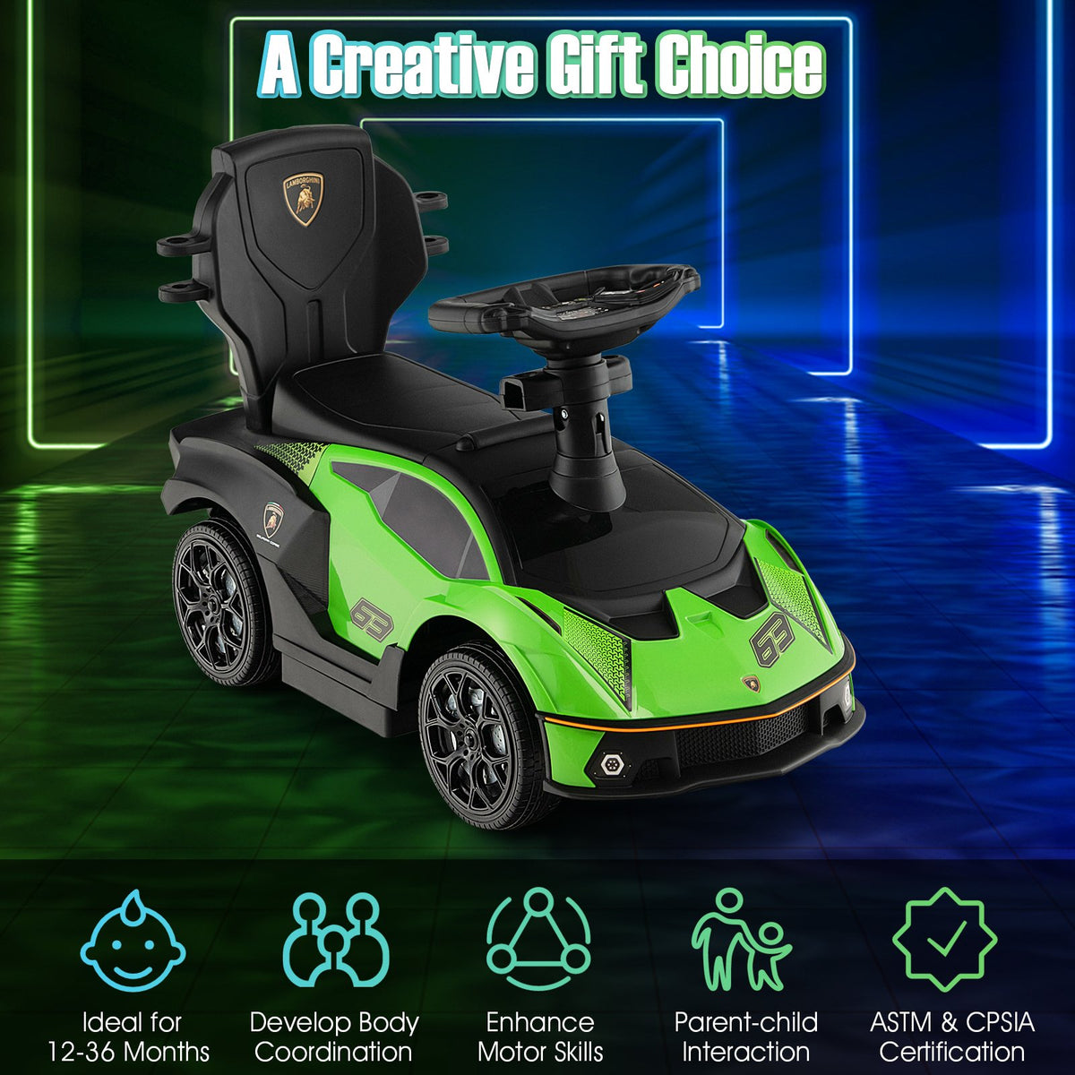 3-in-1 Licensed Lamborghini Ride on Push Car with Handle Guardrail-Green view 6