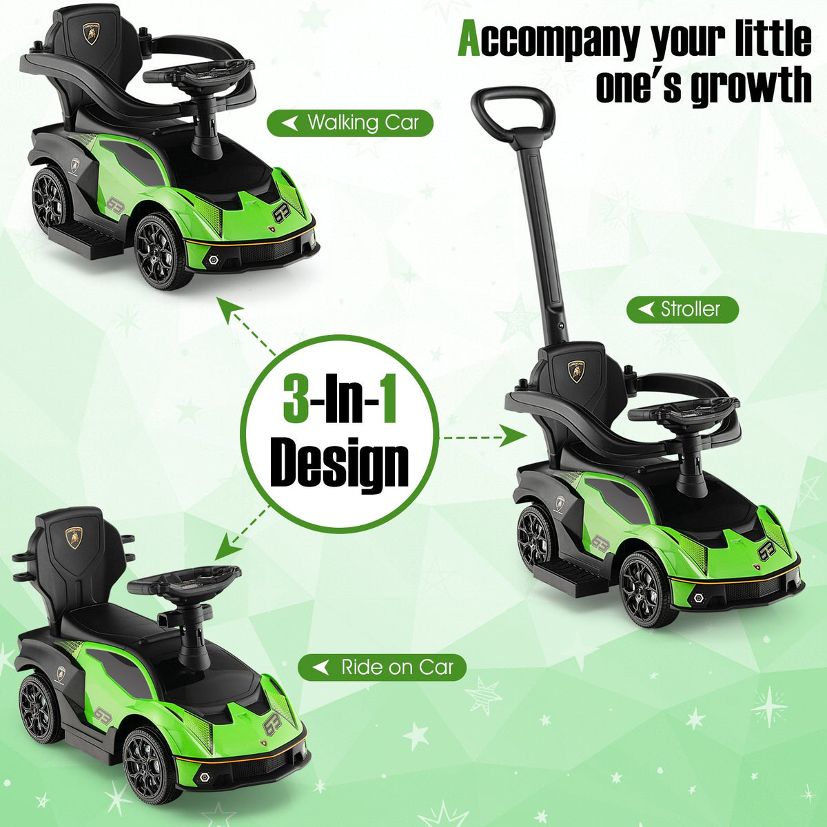 3-in-1 Licensed Lamborghini Ride on Push Car with Handle Guardrail-Green view 7