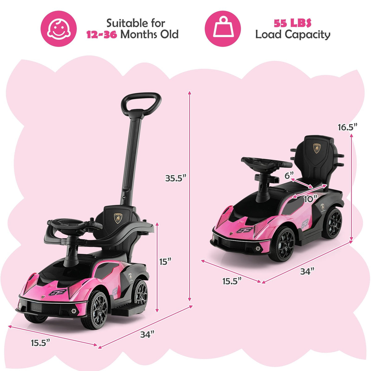 3-in-1 Licensed Lamborghini Ride on Push Car with Handle Guardrail-Pink view 5