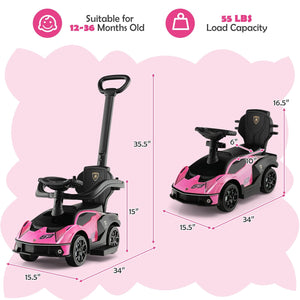 3-in-1 Licensed Lamborghini Ride on Push Car with Handle Guardrail-Pink view 5