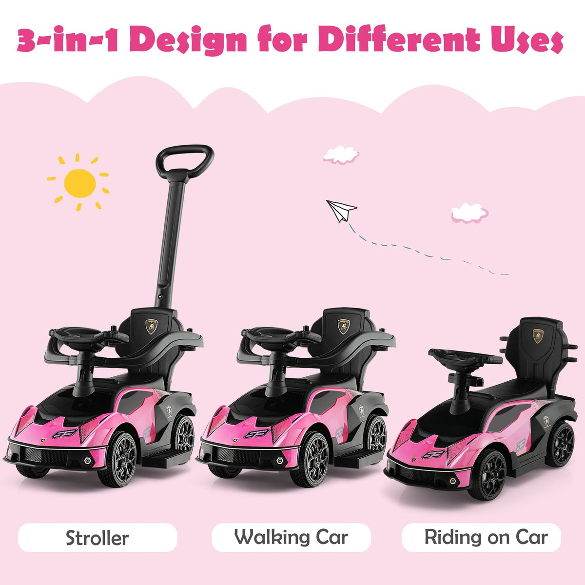 3-in-1 Licensed Lamborghini Ride on Push Car with Handle Guardrail-Pink view 6