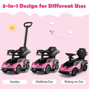 3-in-1 Licensed Lamborghini Ride on Push Car with Handle Guardrail-Pink view 6