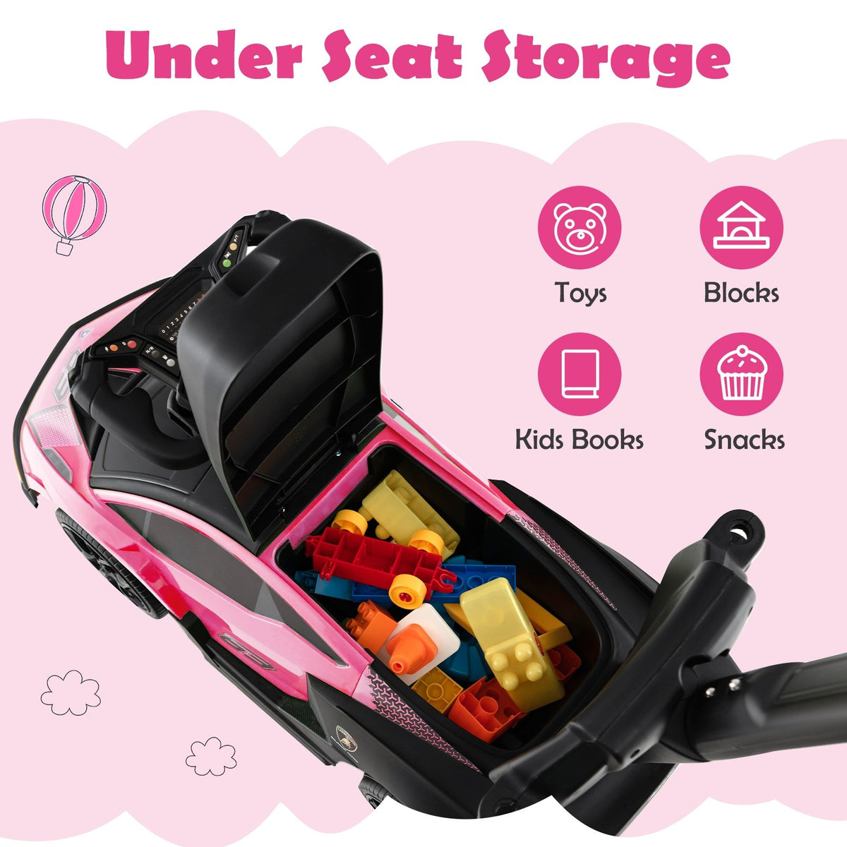 3-in-1 Licensed Lamborghini Ride on Push Car with Handle Guardrail-Pink view 8