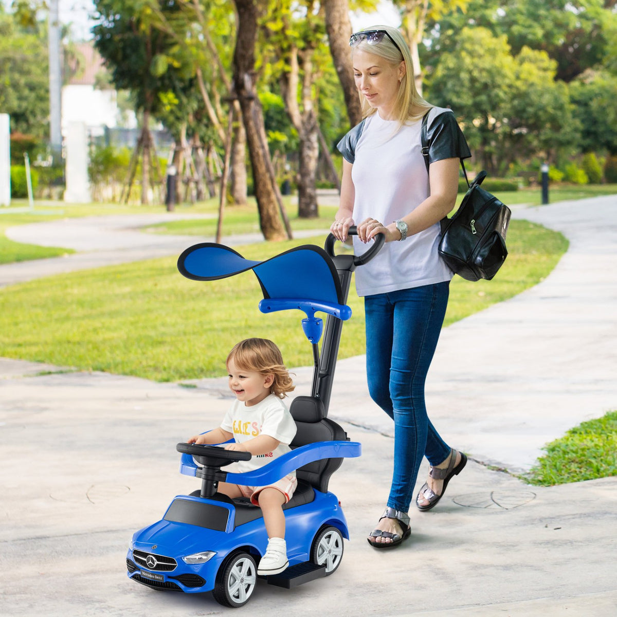 3-in-1 Ride on Push Car Mercedes-Benz Licensed Sliding Car with Canopy-Blue view 2