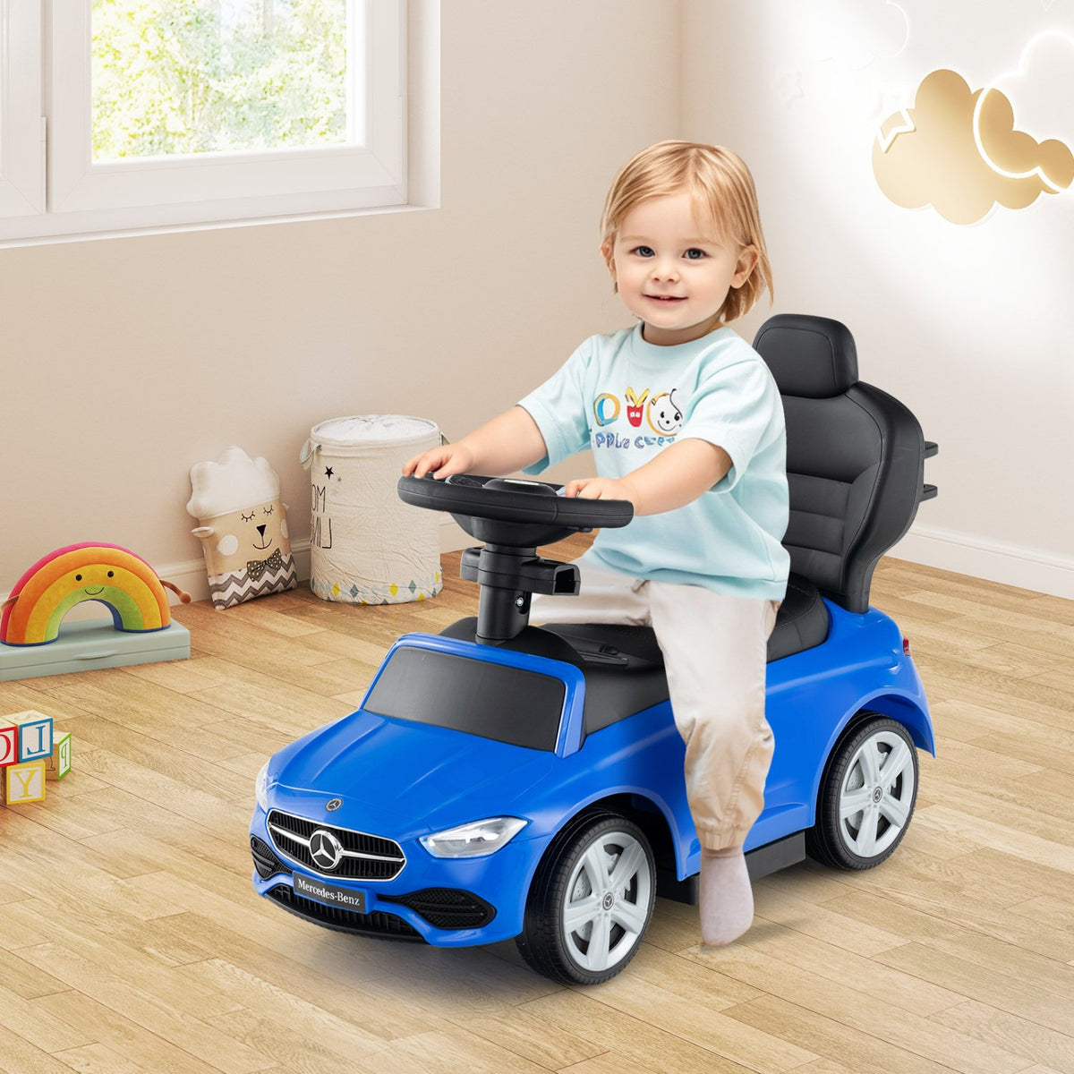 3-in-1 Ride on Push Car Mercedes-Benz Licensed Sliding Car with Canopy-Blue view 3