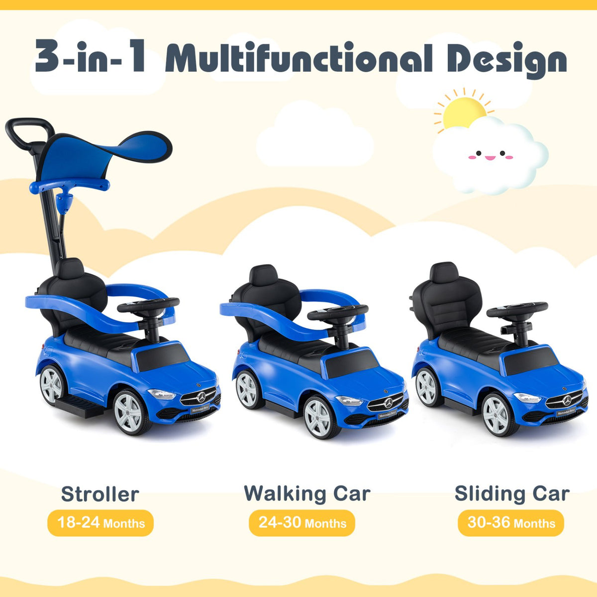 3-in-1 Ride on Push Car Mercedes-Benz Licensed Sliding Car with Canopy-Blue view 6