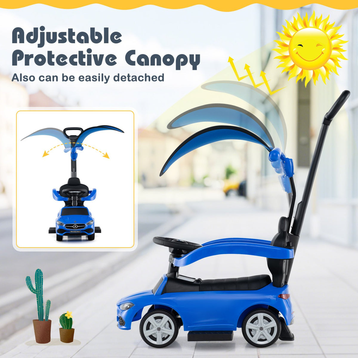 3-in-1 Ride on Push Car Mercedes-Benz Licensed Sliding Car with Canopy-Blue view 8