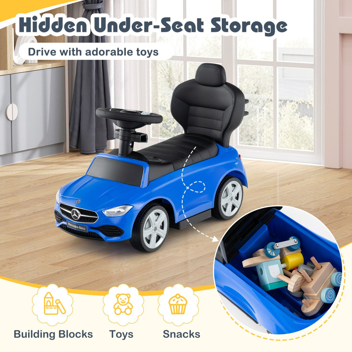3-in-1 Ride on Push Car Mercedes-Benz Licensed Sliding Car with Canopy-Blue view 9