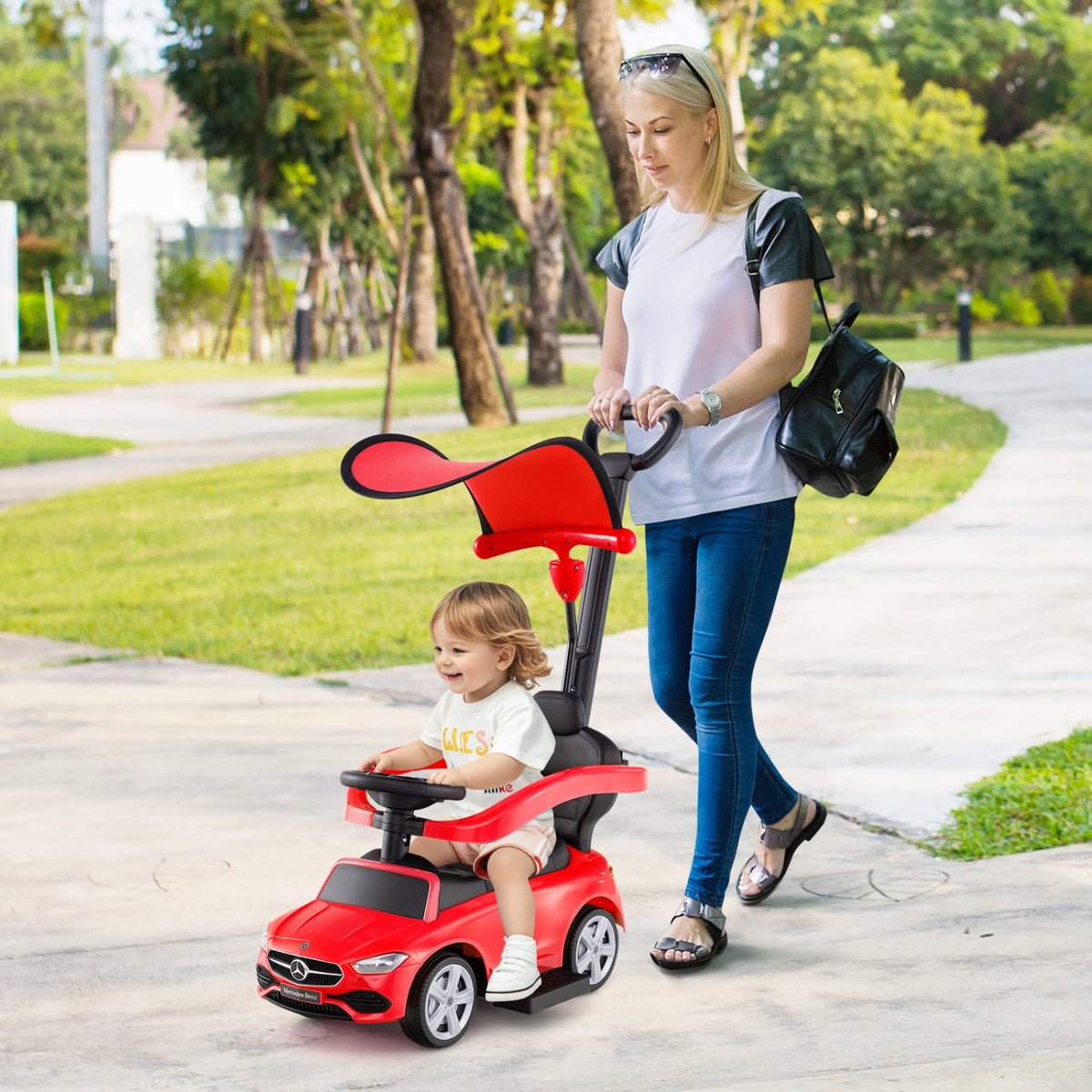 3-in-1 Ride on Push Car Mercedes-Benz Licensed Sliding Car with Canopy-Red view 2