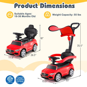 3-in-1 Ride on Push Car Mercedes-Benz Licensed Sliding Car with Canopy-Red view 5