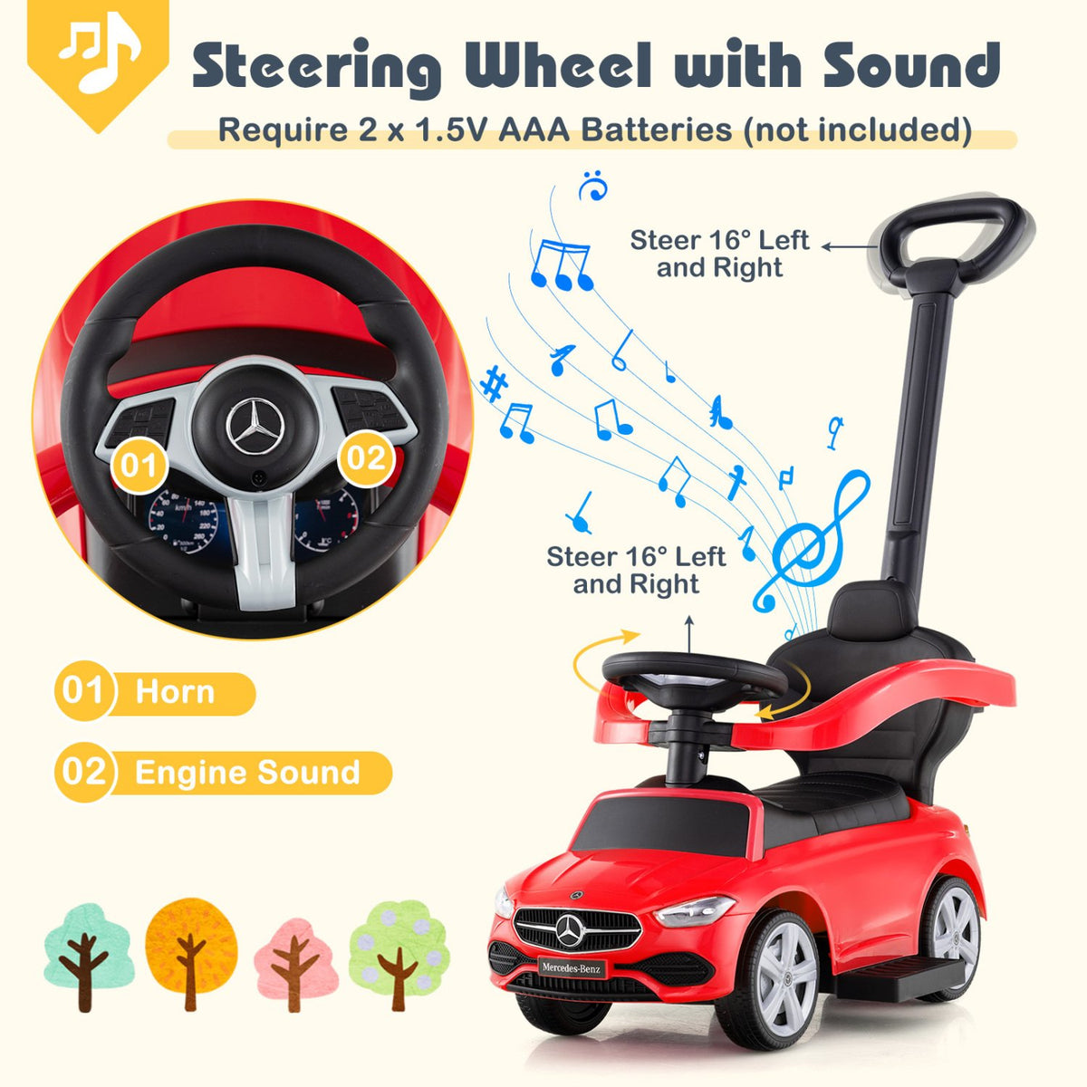 3-in-1 Ride on Push Car Mercedes-Benz Licensed Sliding Car with Canopy-Red view 6