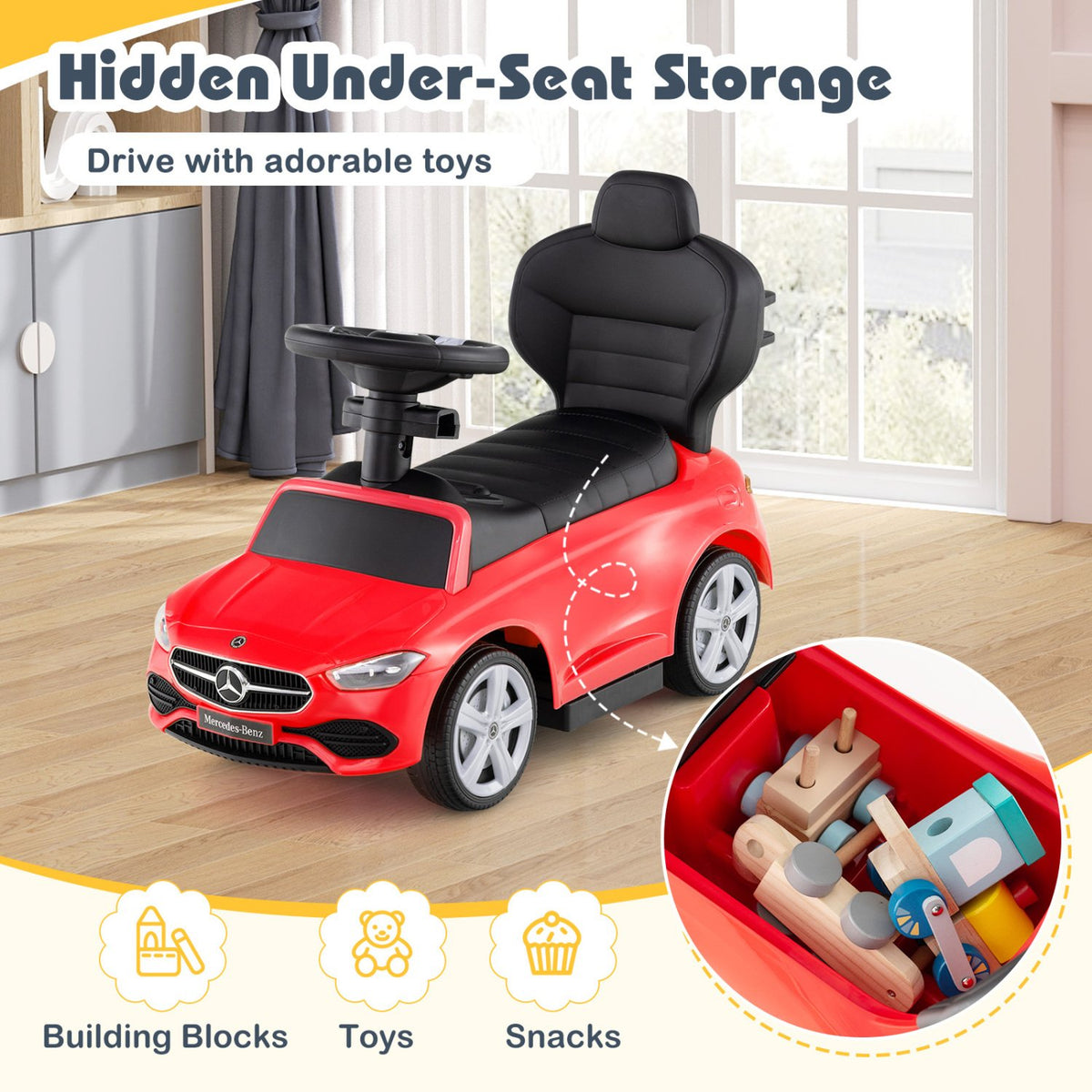 3-in-1 Ride on Push Car Mercedes-Benz Licensed Sliding Car with Canopy-Red view 9
