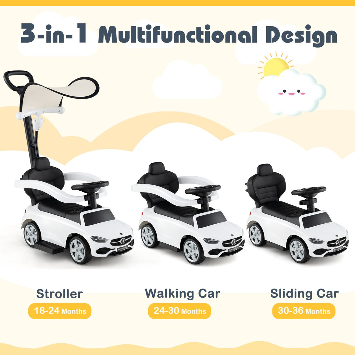 3-in-1 Ride on Push Car Mercedes-Benz Licensed Sliding Car with Canopy-White view 5