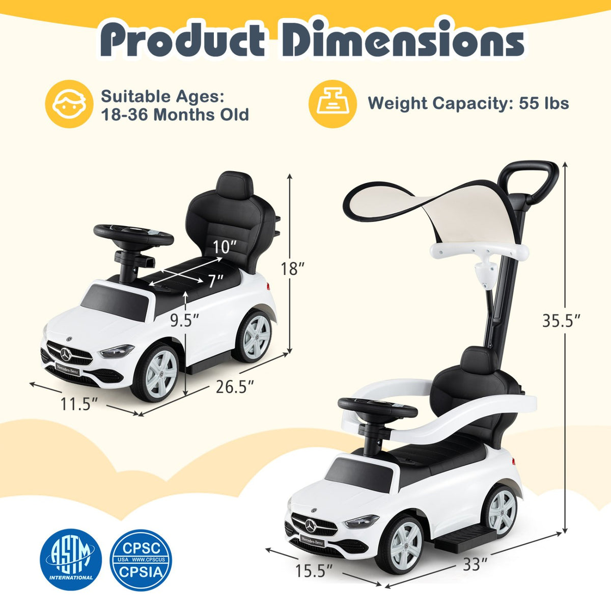 3-in-1 Ride on Push Car Mercedes-Benz Licensed Sliding Car with Canopy-White view 6