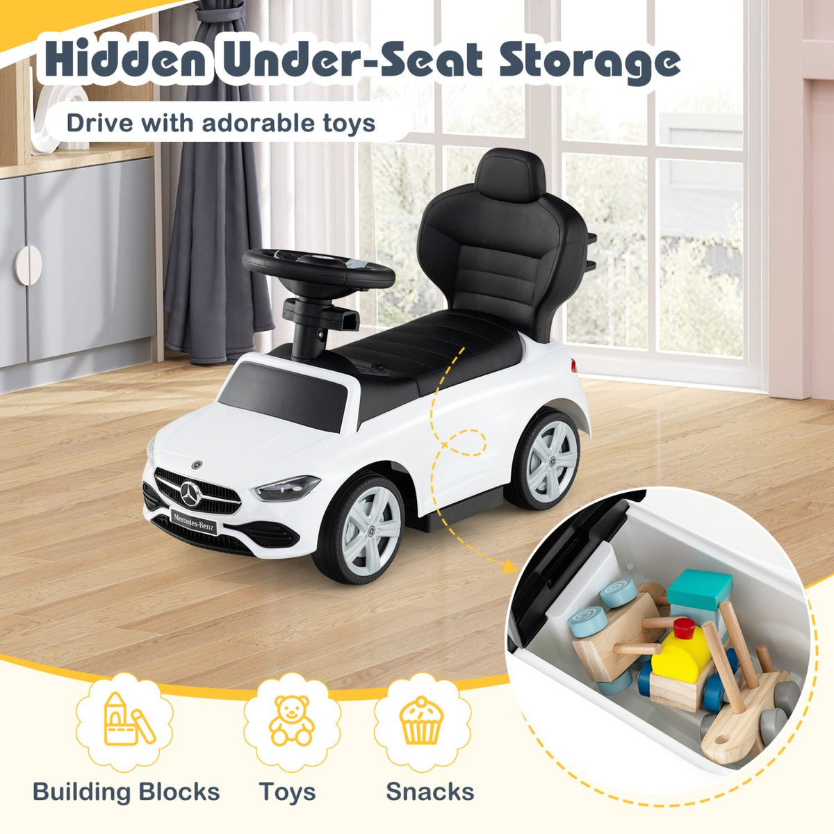 3-in-1 Ride on Push Car Mercedes-Benz Licensed Sliding Car with Canopy-White view 8
