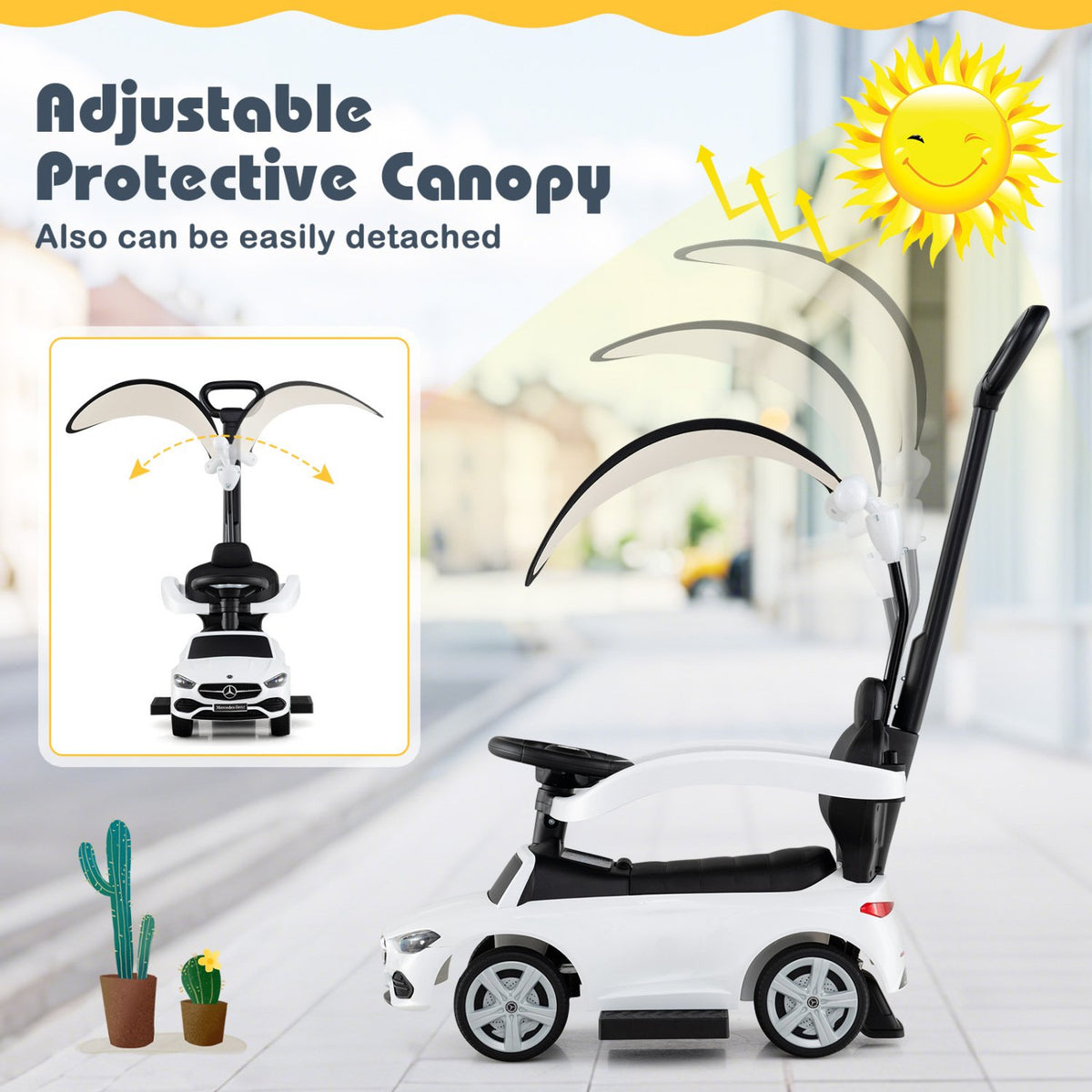 3-in-1 Ride on Push Car Mercedes-Benz Licensed Sliding Car with Canopy-White view 9