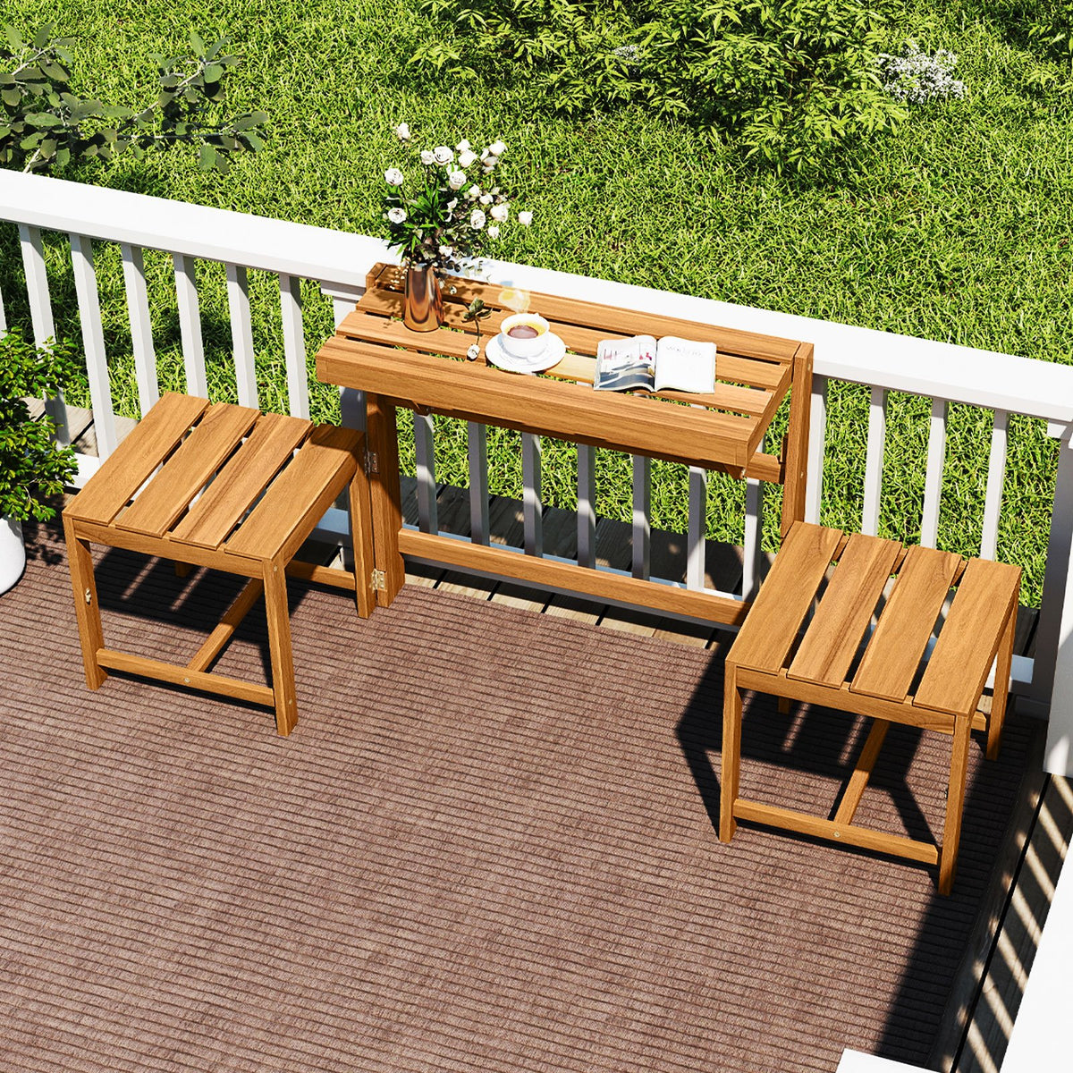3-in-1 Outdoor Acacia Wood Loveseat Bench Furniture with Slatted Seat view 3