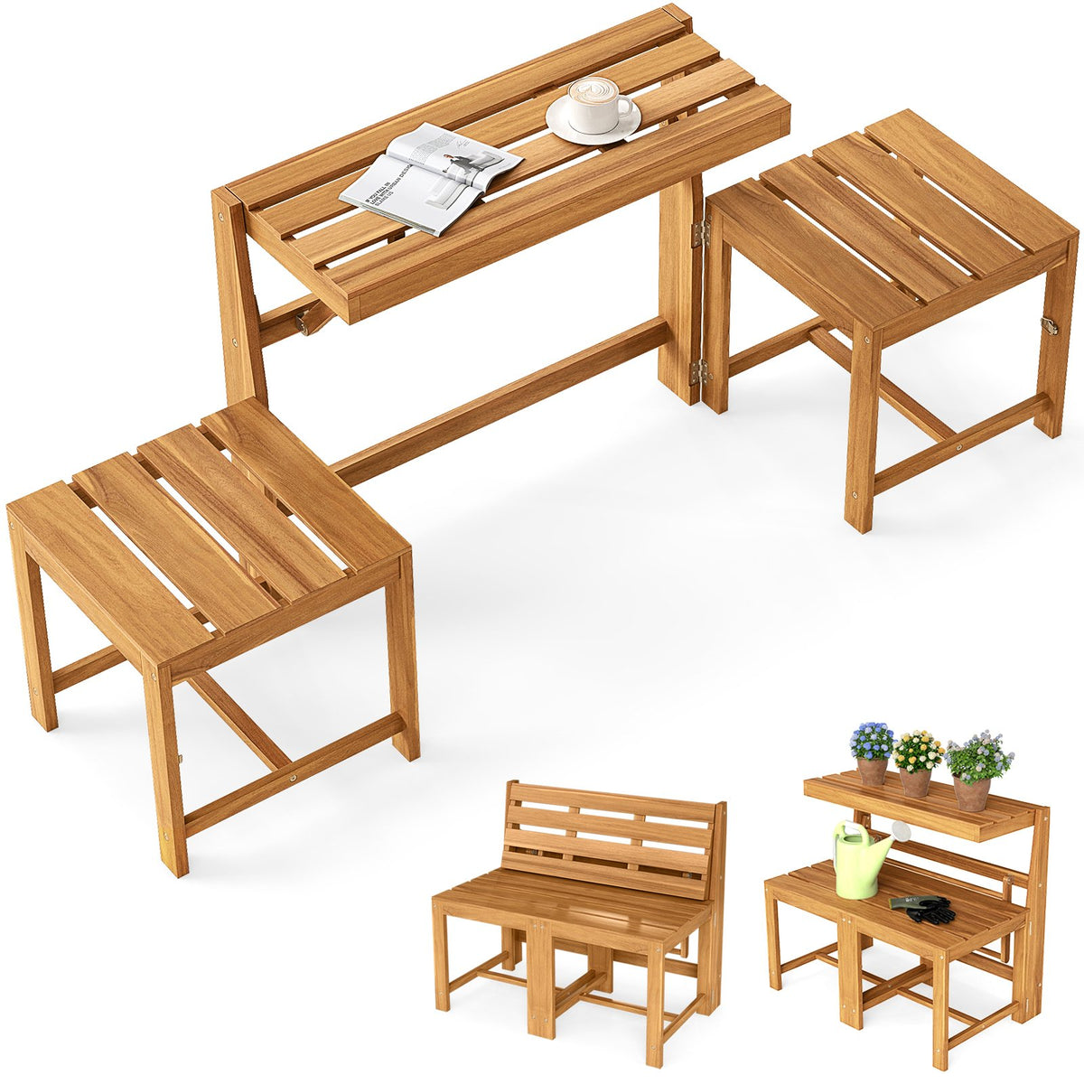 3-in-1 Outdoor Acacia Wood Loveseat Bench Furniture with Slatted Seat view 4